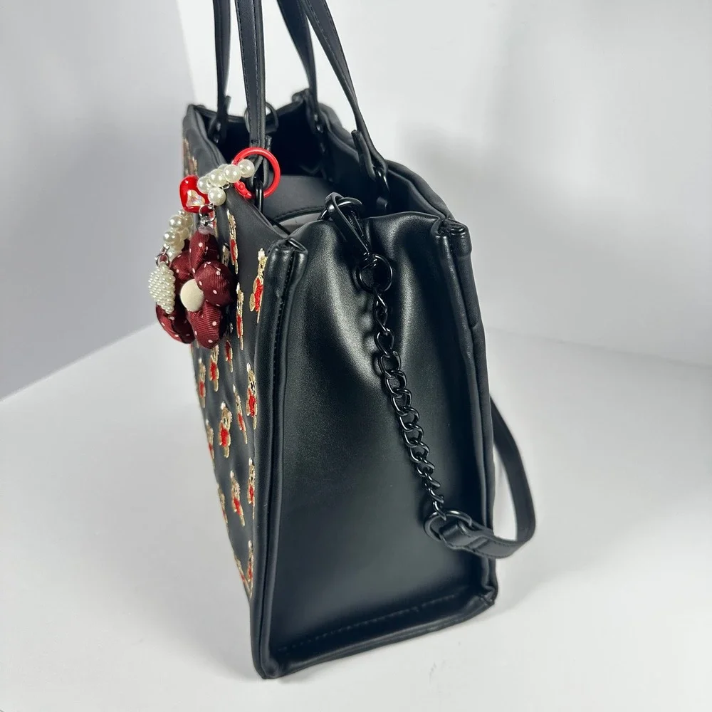 Betsey Johnson Tote Bag Women Black Embroidered Teddy Bear Heart Crossbody